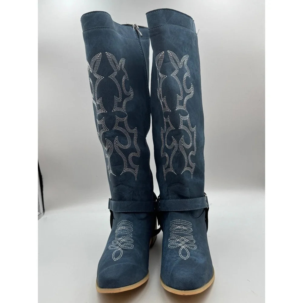 Blue Denim Embroidered Western Knee High Boots Harness Detail Tall Zip Up